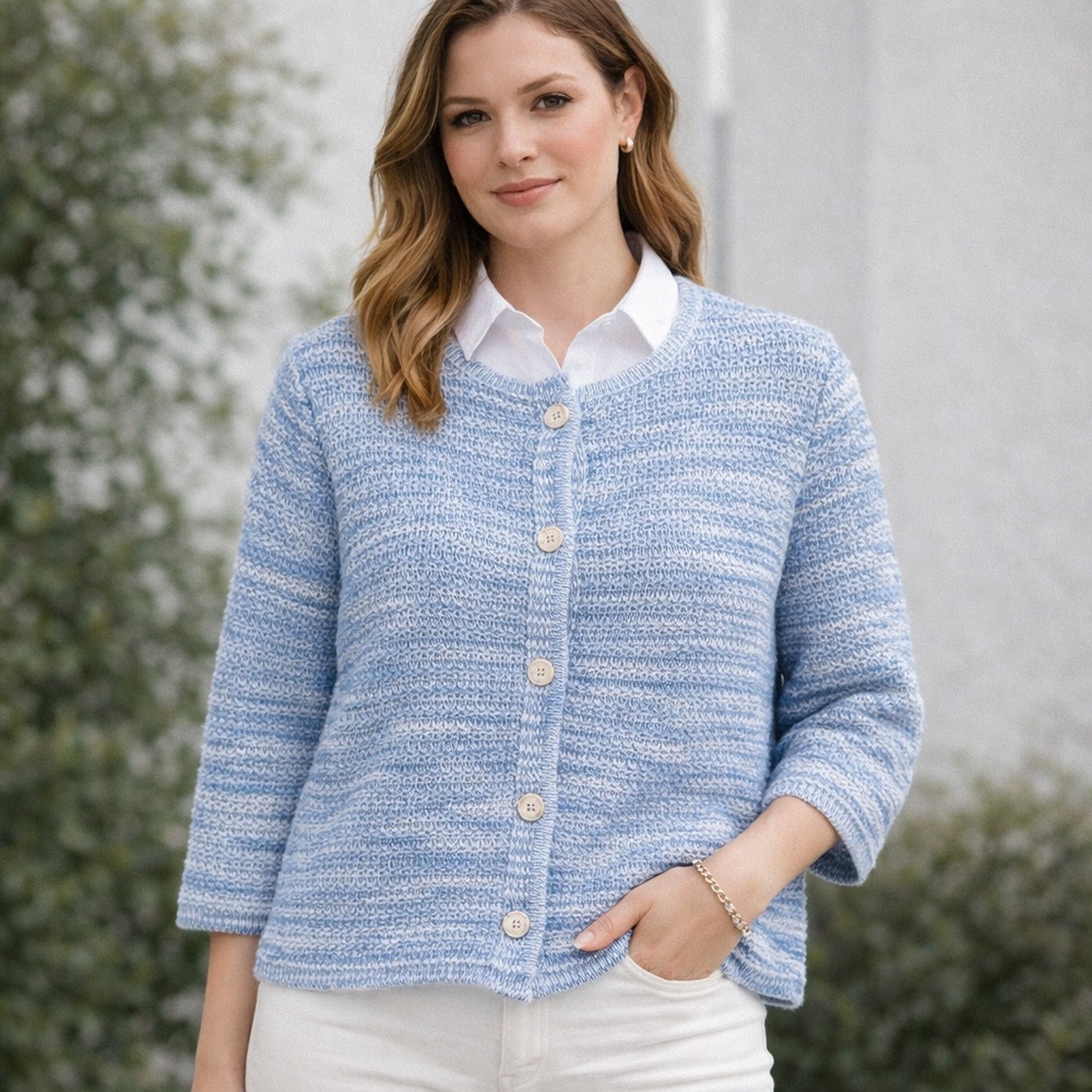 J.Jill Cotton Knit Cardigan Collarless Blue White SIZE MEDIUM PETITE